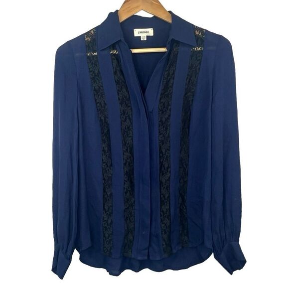 L'Agence Navy Blue Semi Sheer Silk Button Down Blouse XS Lace Trim - Picture 1 of 13